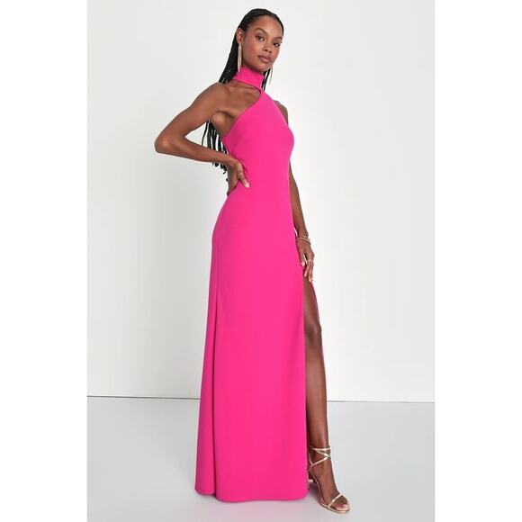 Lulus Keep It Interesting Asymmetrical Cutout Halter Maxi Dress Hot Pink Size S - Picture 2 of 11